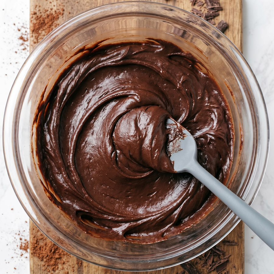 Mixing the Frosting A bowl filled with smooth, thick chocolate frosting being stirred with a spoon on a marble surface.