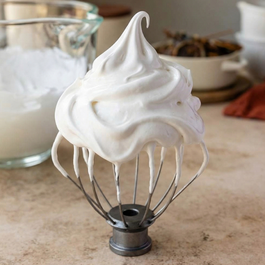 Making Fluffy Frosting in a Bowl A glass mixing bowl filled with freshly whipped marshmallow buttercream frosting with a whisk attachment