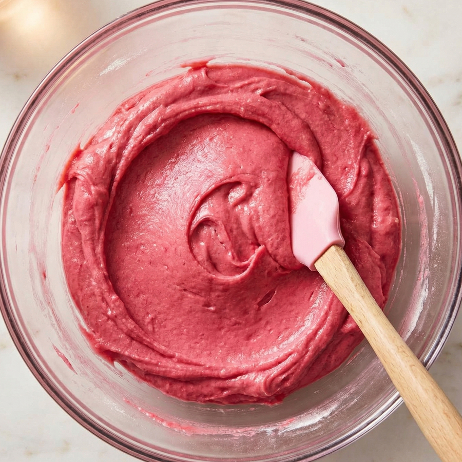 A glass mixing bowl filled with vibrant pink velvet cake batter and a wooden spoon