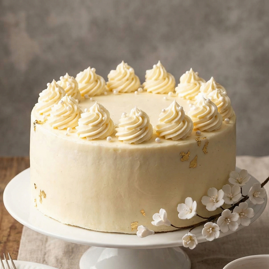 Perfect Vanilla Molly Cake A tall, golden-brown chiffon or Molly cake with a flat top, resting on a white cake stand.