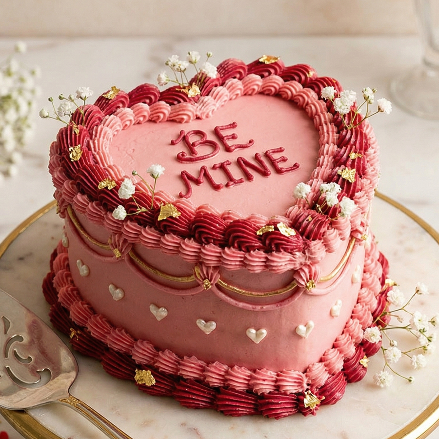 A heart-shaped pink velvet cake beautifully decorated for Valentine's day on a cake stand