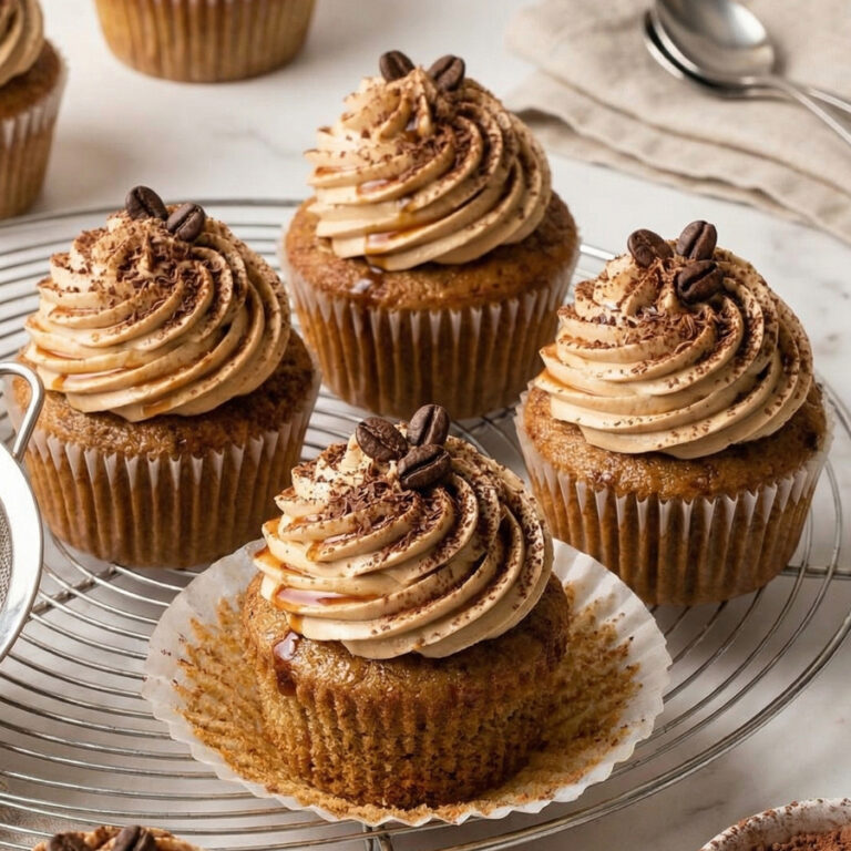 piped coffee frosting on cupcakes