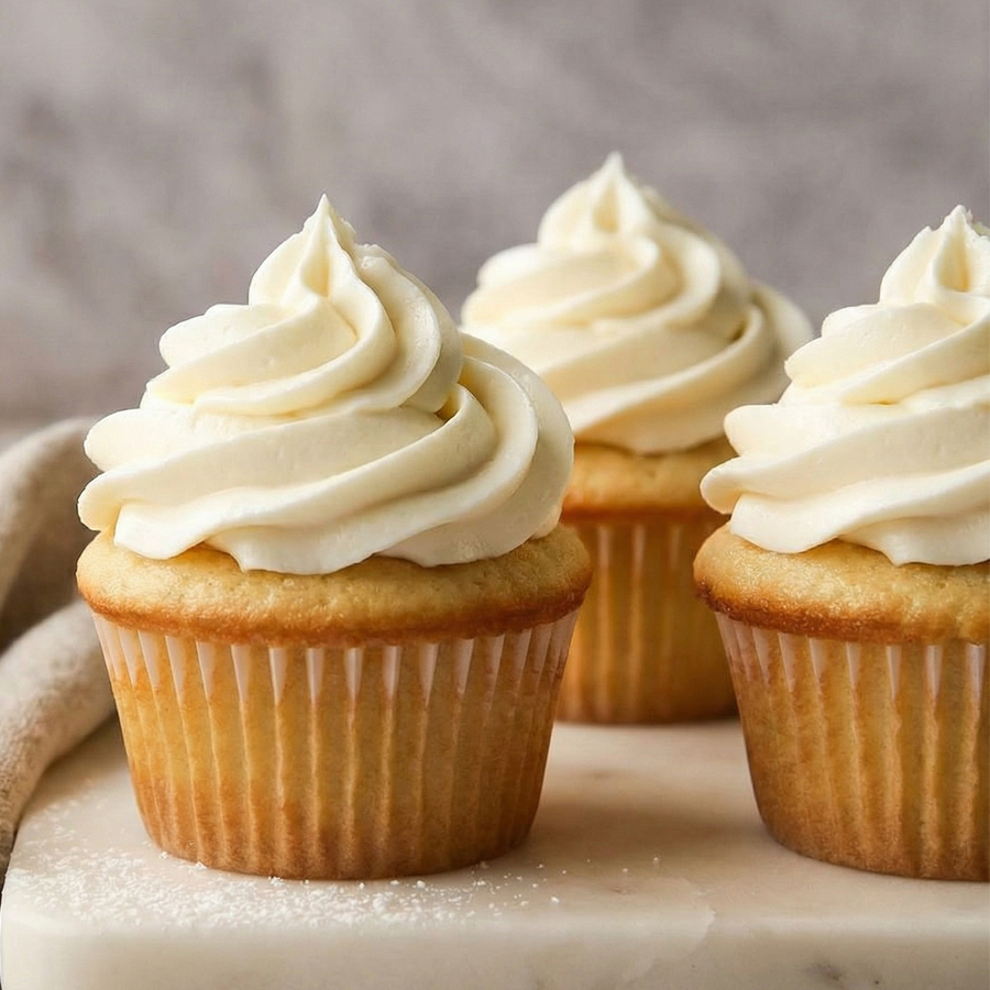 Piped Chantilly Mascarpone Yellow cupcakes beautifully topped with tall, sharp swirls of white Chantilly Mascarpone cream.