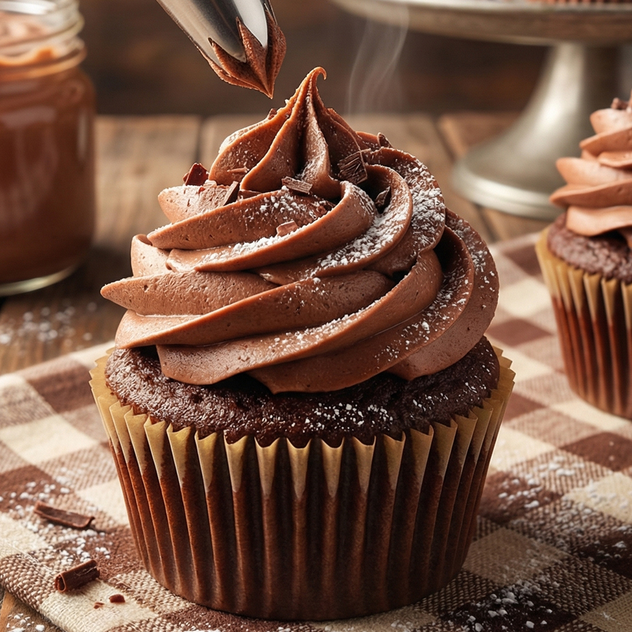 Easy Chocolate Whipped Cream Frosting (Ready in 5 Minutes!) A piping bag filled with stabilized chocolate whipped cream frosting being swirled onto chocolate cupcakes