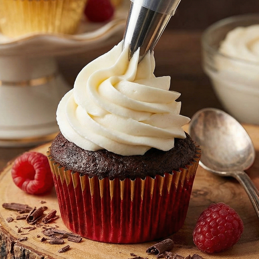 Piping Cream Cheese Frosting Using a piping bag to swirl smooth white whipped cream cheese frosting onto red velvet cupcakes