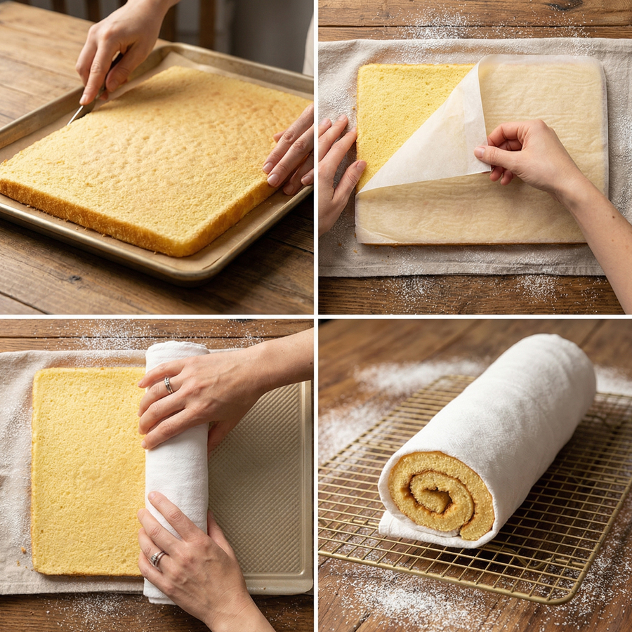 Collage demonstrating how to roll a warm Swiss roll cake in a towel to prevent cracking