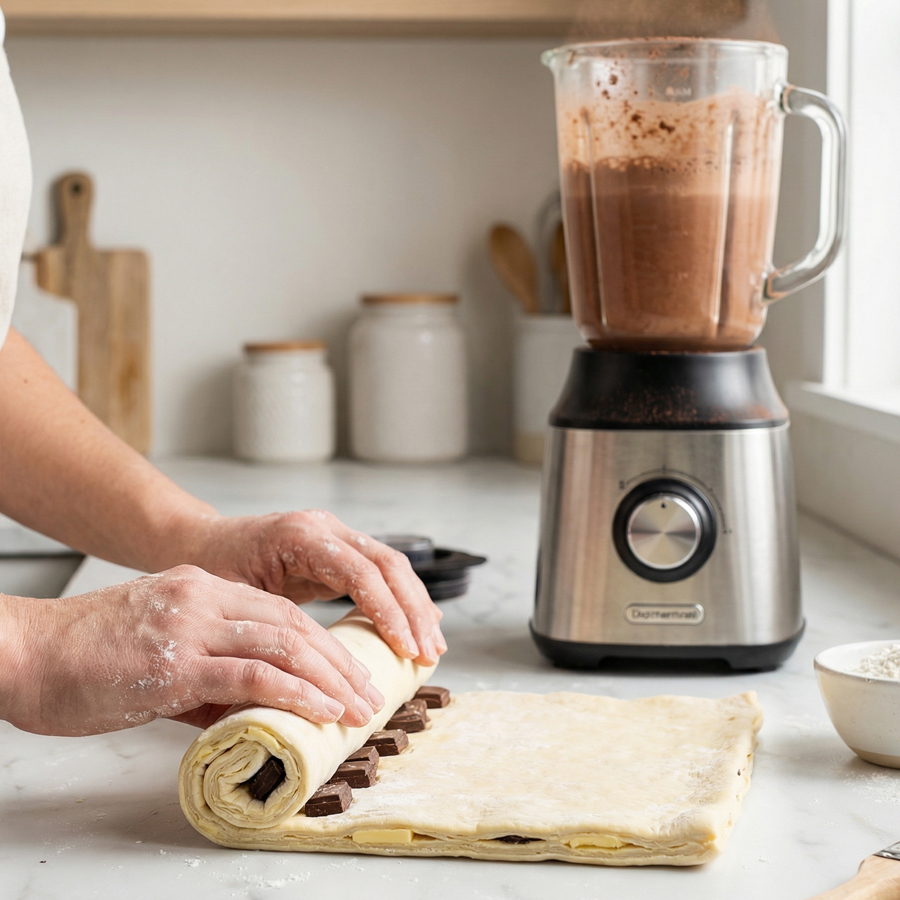 Rolling puff pastry around chocolate pieces and blending a chocolate frappe in a blender.