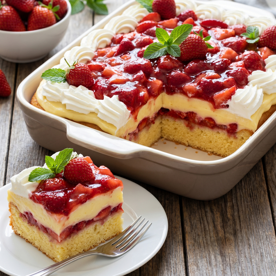 A generous scoop of strawberry heaven cake topped with whipped cream, cherries, and sliced almonds on a white plate.