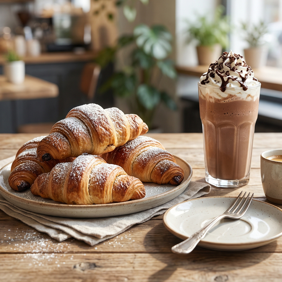 Warm chocolate croissant dusted with sugar served beside a chilled chocolate frappe topped with whipped cream.