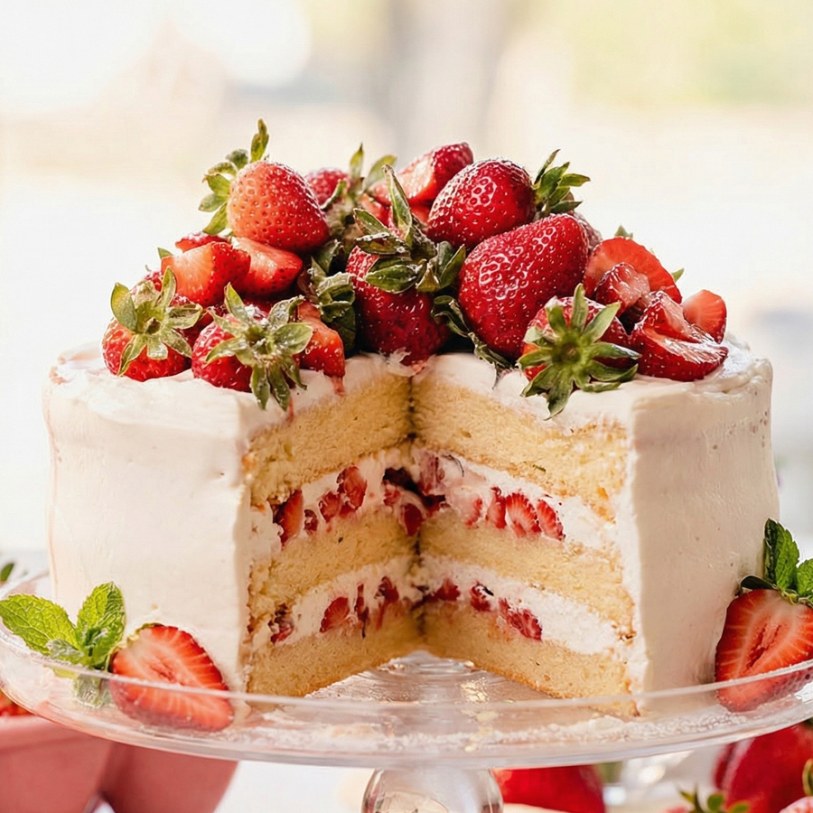 Sliced Molly Cake A slice of tall vanilla layer cake filled with thick buttercream and fresh strawberries on a glass stand.