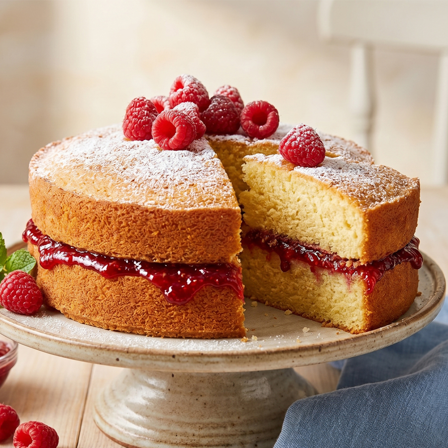A slice of Victoria sponge cake filled with jam and cream on a plate next to a bowl of fresh strawberry jam.