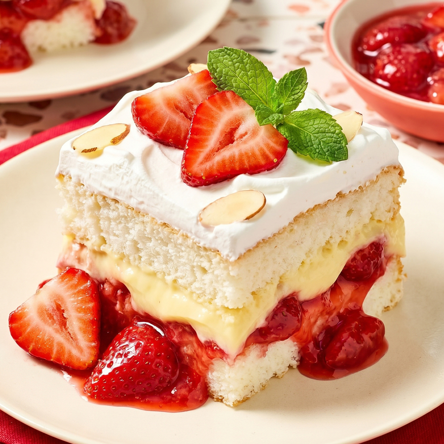 A slice of no-bake Heaven on Earth cake with layers of white cake, vanilla pudding, strawberries, and whipped cream on a plate