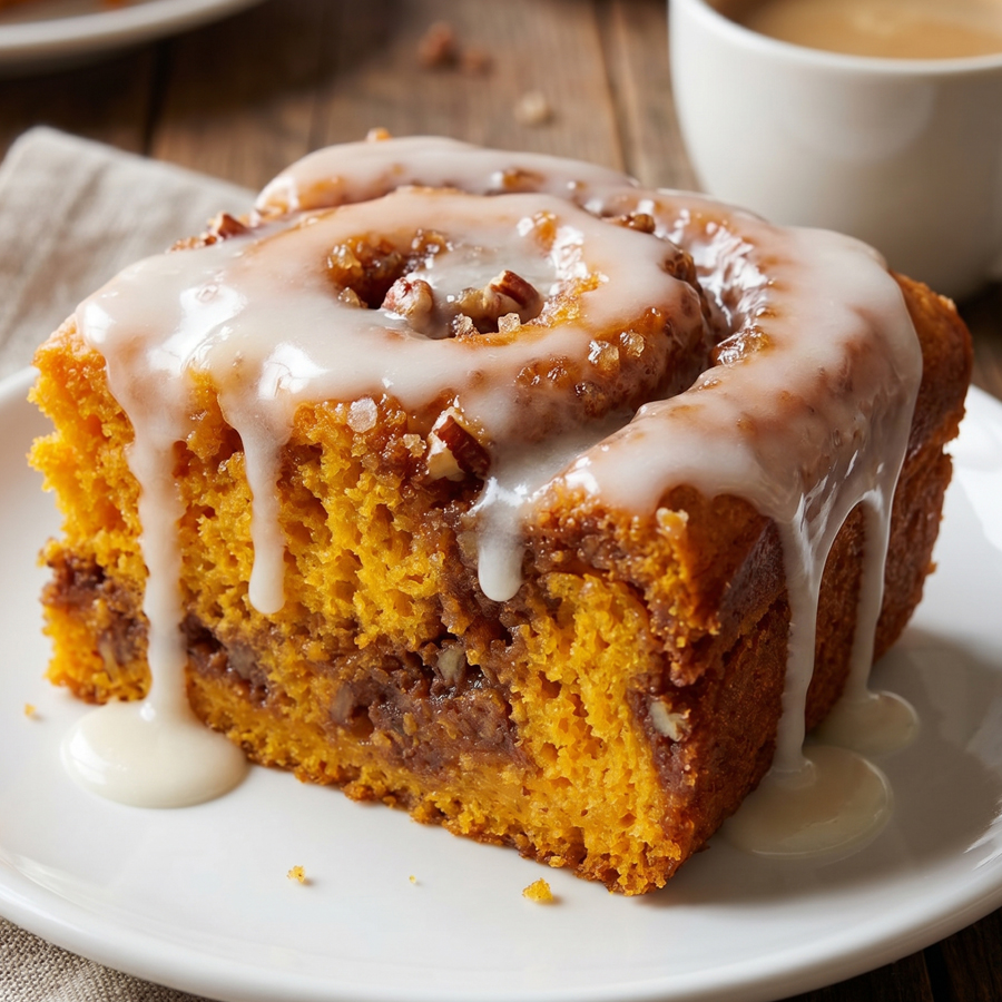 A slice of sweet potato honeybun cake with white glaze on a white plate, showing an orange cake crumb with a brown sugar swirl.