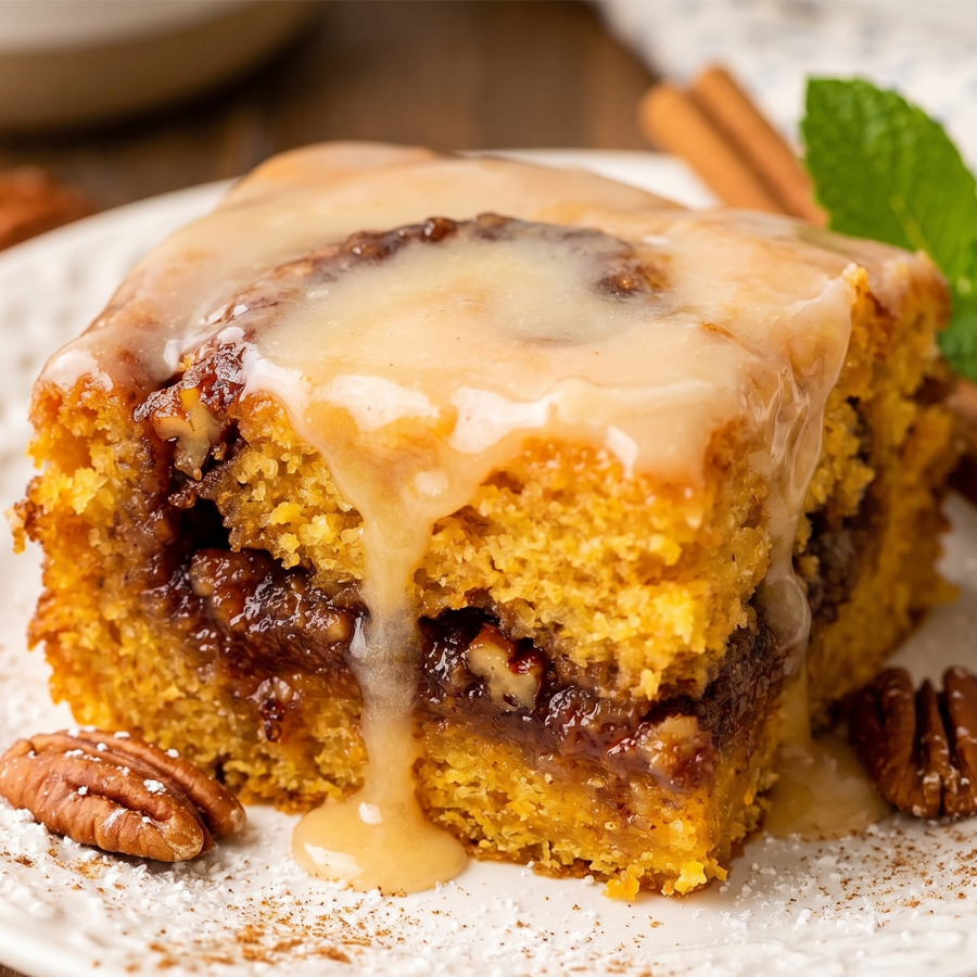 Close-up of a slice of sweet potato honey bun cake showing the distinct cinnamon brown sugar swirl running through the center.
