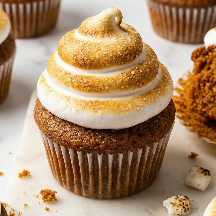 Toasted Marshmallow Frosting A baker using a kitchen blowtorch to toast the edges of marshmallow frosted cupcakes to a golden brown