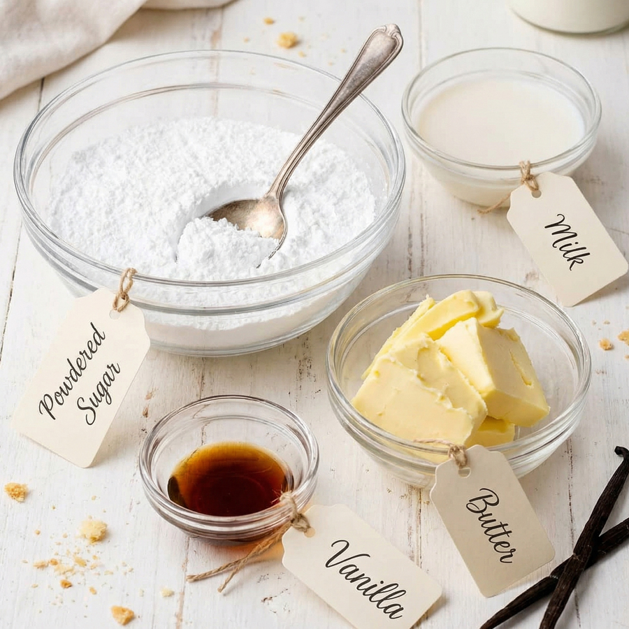 Ingredients for vanilla glaze including powdered sugar, milk, and vanilla extract on a white surface.
