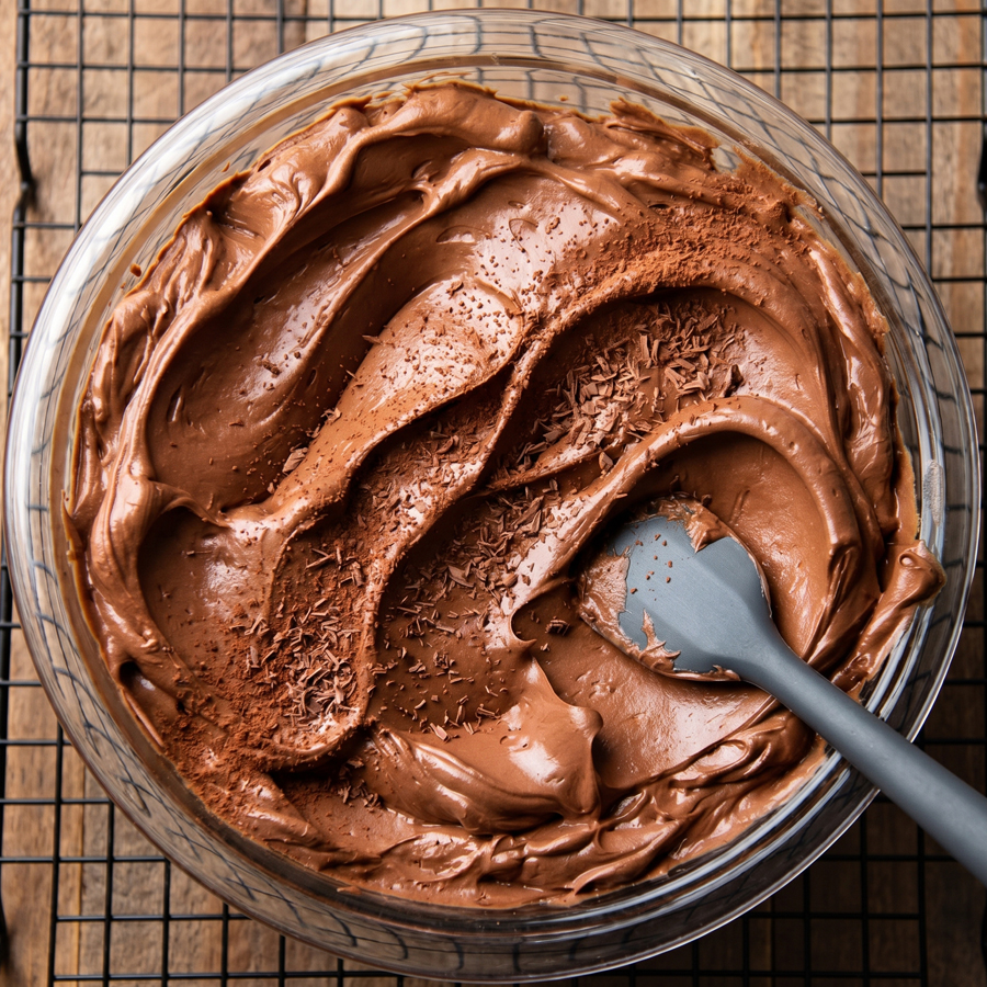Whipping the Buttercream A bowl filled with fluffy, freshly whipped chocolate Swiss meringue buttercream and a black spatula.