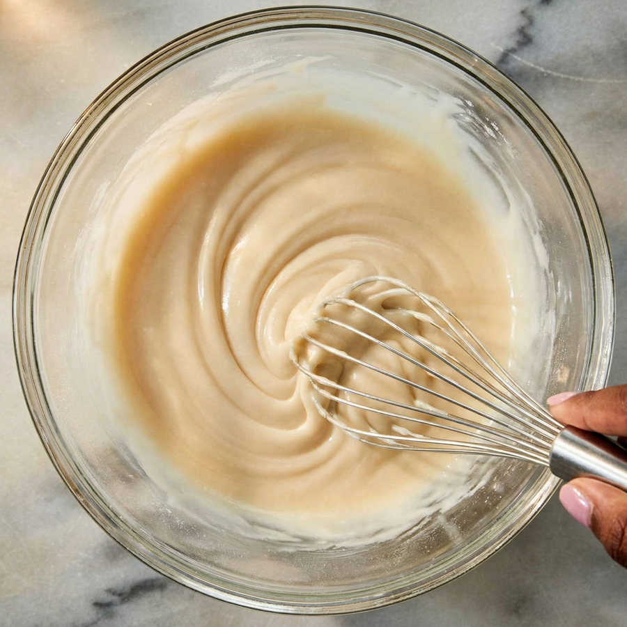 Hand using a metal whisk to mix white vanilla glaze in a clear glass bowl.