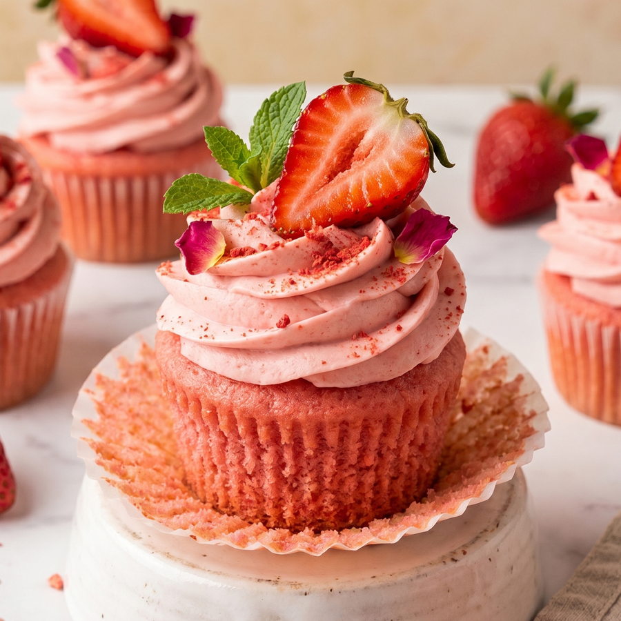 Close-up of baked strawberry cupcakes topped with piped pink frosting and sliced strawberries on a clean, light surface.
