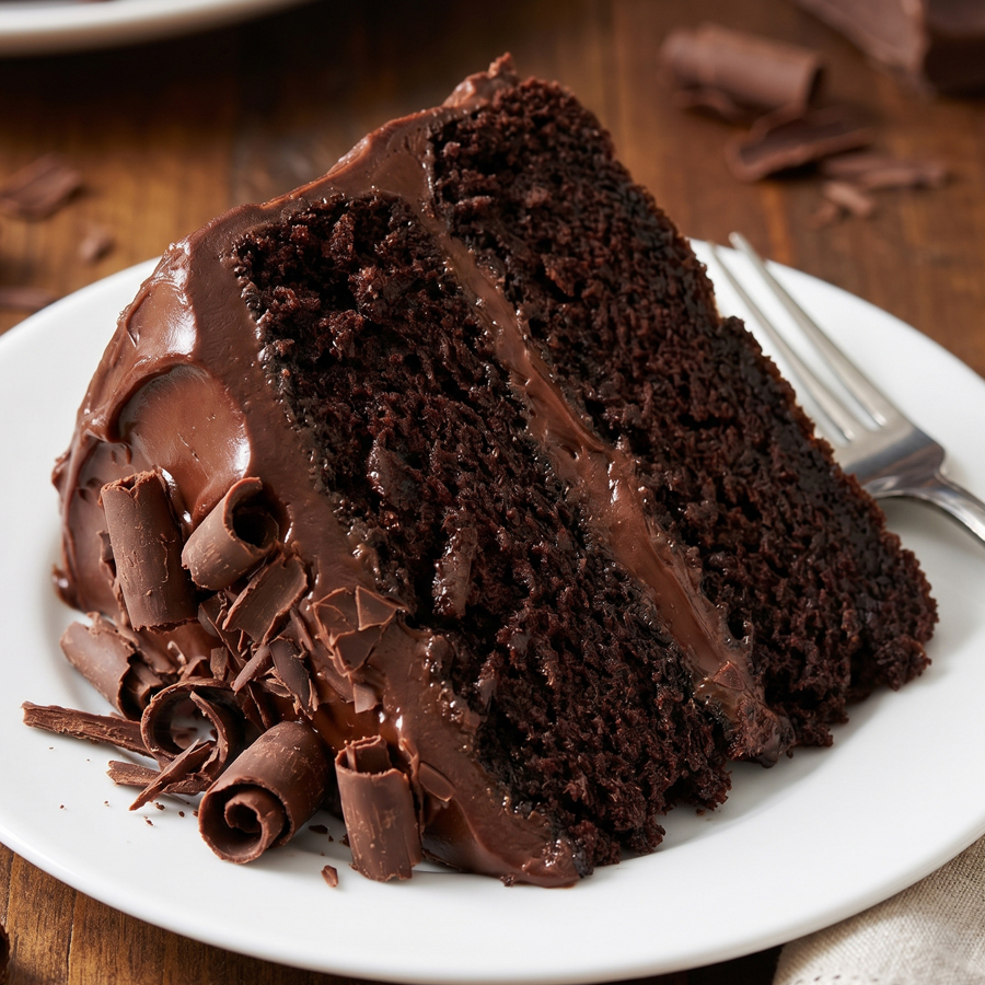 A slice of rich chocolate fudge cake on a white plate, topped with chocolate shavings and a fork nearby on a wooden table.