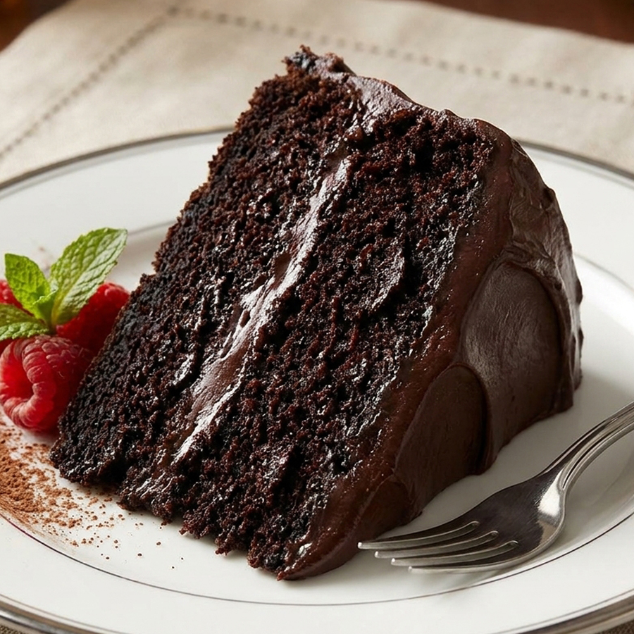 Dye-Free Dark Cake Slice of moist black velvet cake with thick black frosting on a white plate, showing its incredibly dense and dark crumb texture.