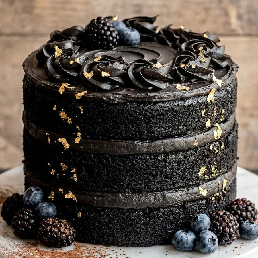 Thin Batter, Moist Cake A square slice of black velvet cake layered with matching black buttercream on a striped plate, with a fork nearby.