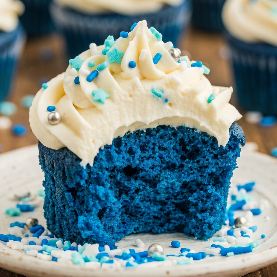 Cream Cheese Frosting A close-up of a perfectly piped blue velvet cupcake with thick white cream cheese frosting and blue sprinkles resting on a white plate.
