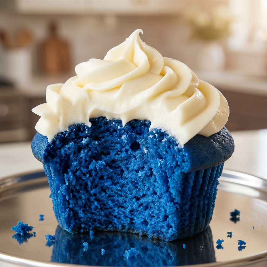 Vibrant Blue Crumb A close-up of a blue velvet cupcake with white frosting and a bitten section exposing the bright blue cake interior.
