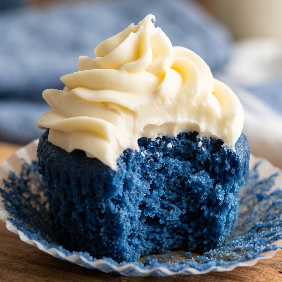 Blue Velvet Cupcakes A close-up of a blue velvet cupcake with white frosting, beautifully cut open to show the vibrant blue, tender crumb interior on a reflective surface.