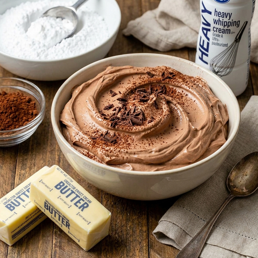 Ingredients for chocolate buttercream frosting arranged on a countertop: powdered sugar in a bowl, sticks of butter, cocoa powder, and heavy whipping cream.