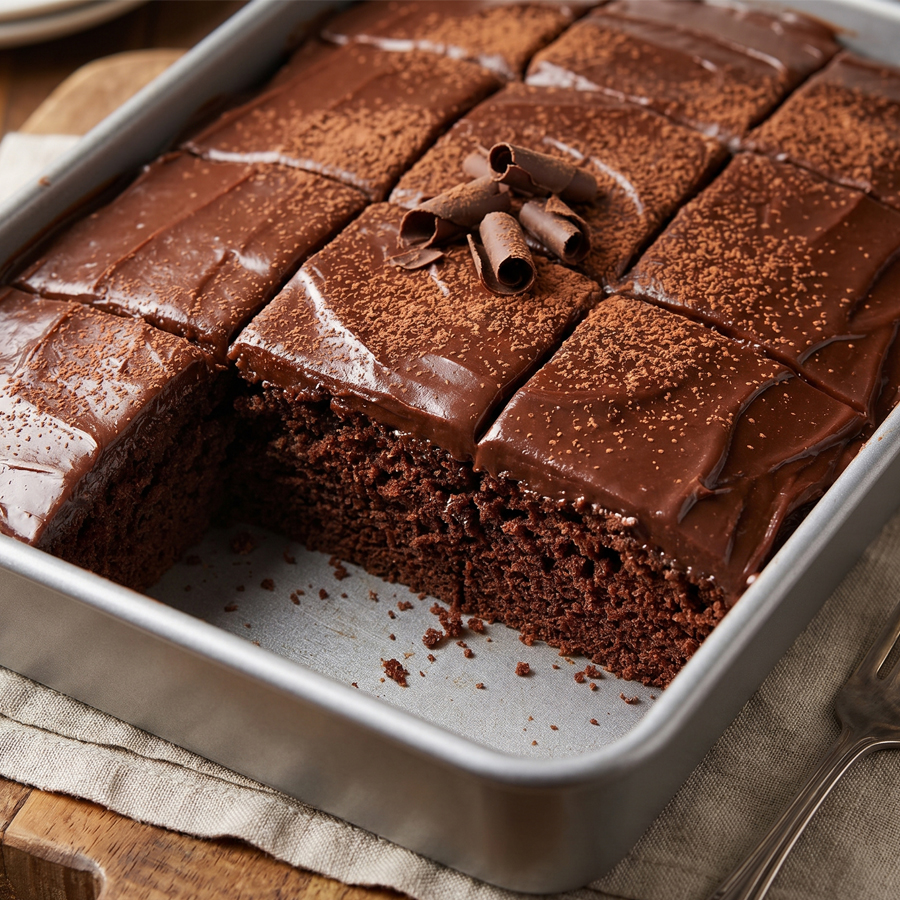 Square pieces of rich chocolate cake with thick fudge frosting in a metal baking pan, with one slice partially removed, on a white marble surface.