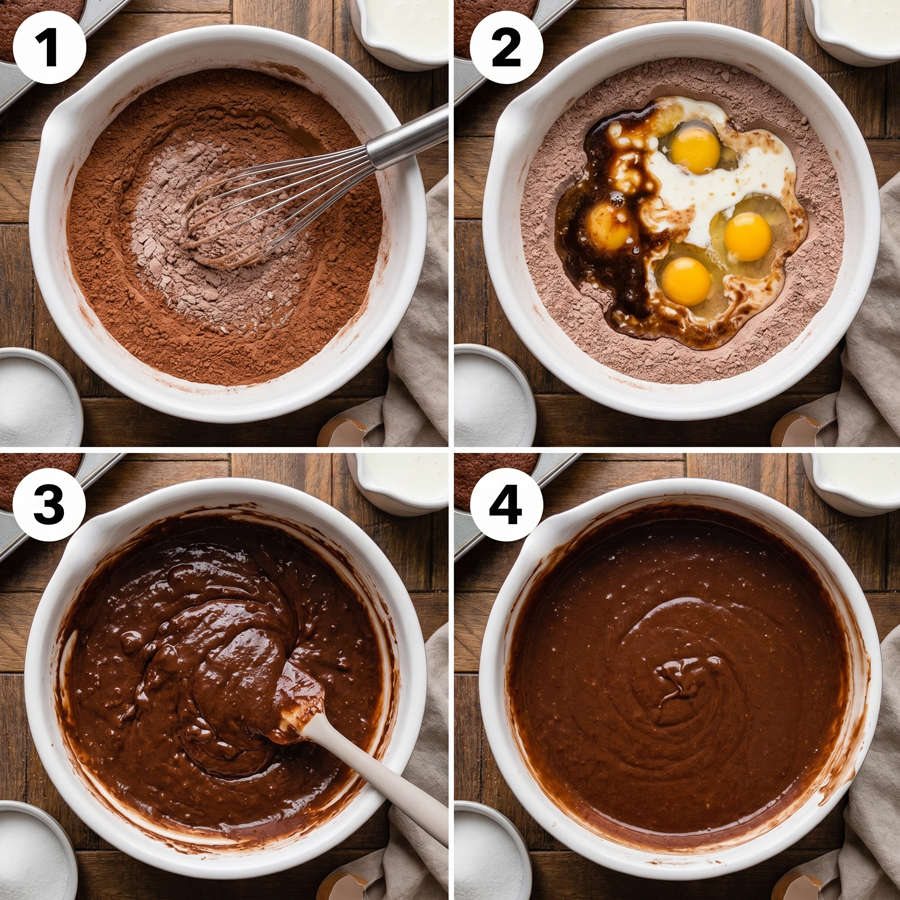 A four-panel collage showing the stages of mixing chocolate cake batter in a white bowl, from the dry cocoa mixture to the finished runny batter.