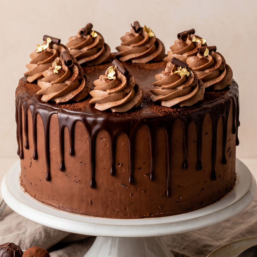 A beautiful chocolate layer cake decorated with elegant buttercream rosettes and a stunning dark chocolate ganache drip cascading down the sides.