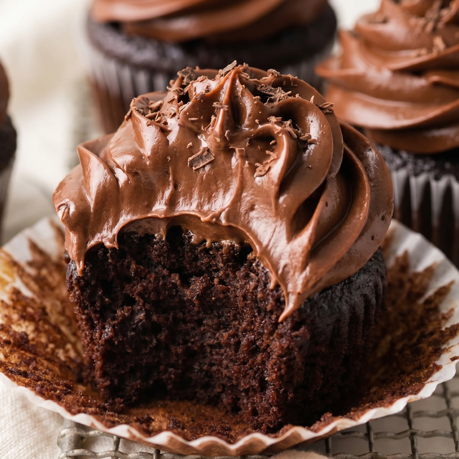A close-up photo of a chocolate cupcake with a bite taken out, topped with beautifully piped milk chocolate ganache frosting, sitting on a cooling rack.