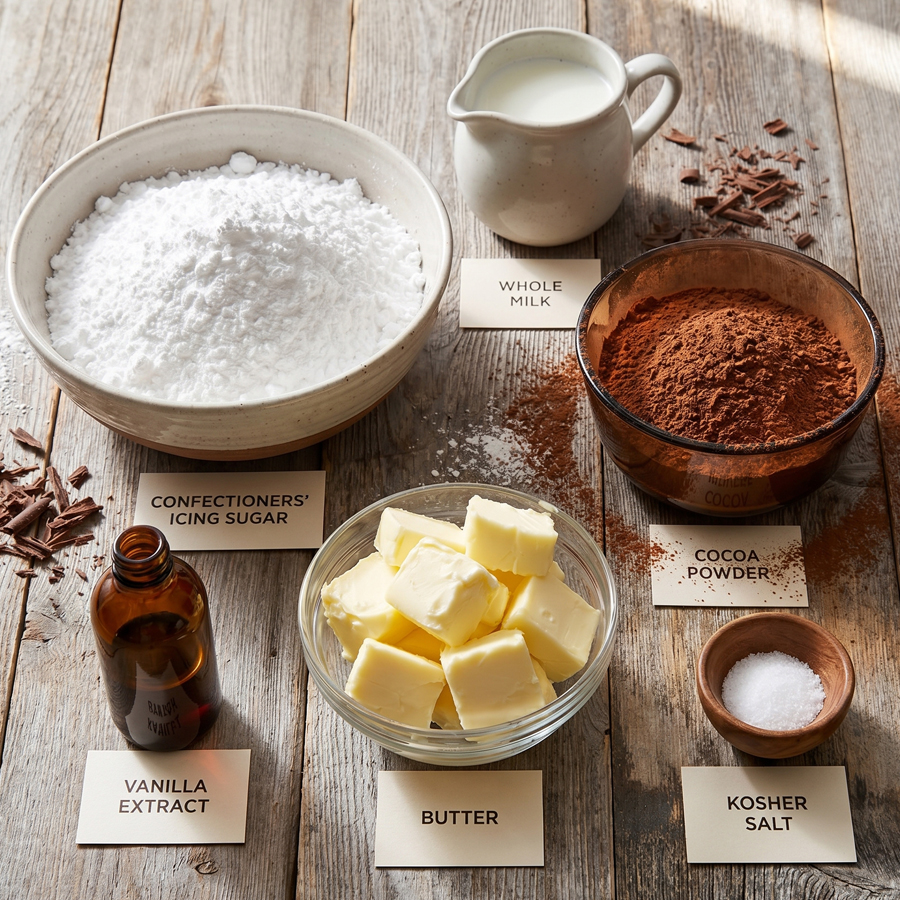 Ingredients for easy chocolate frosting arranged on a wooden surface including powdered sugar, whole milk, cocoa powder, vanilla extract, butter, and salt with clear labels.