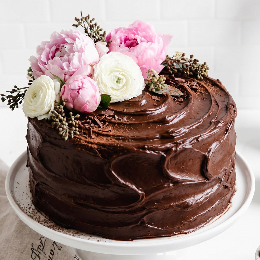 A single chocolate cupcake topped with a tall, perfect swirl of glossy chocolate frosting, presented on a white plate.