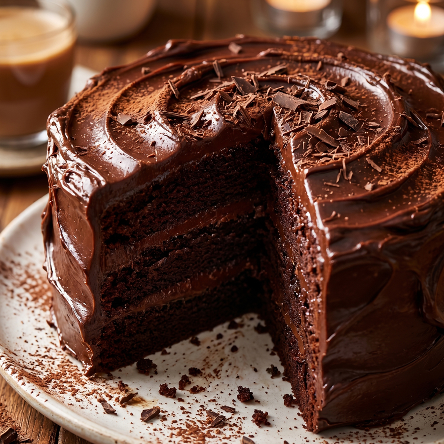 A sliced chocolate fudge cake on a plate, showing the moist, dense dark chocolate crumb layers and thick chocolate frosting.