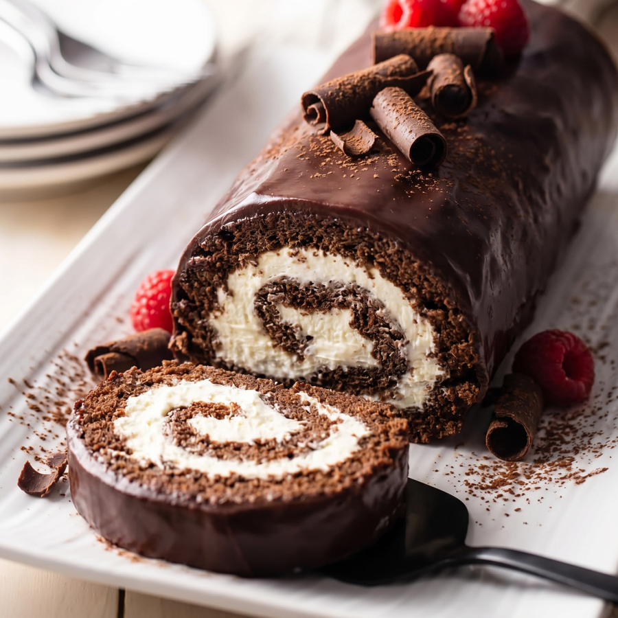 Sliced Swiss roll cake with a dark chocolate exterior and white cream filling spiral, served on a white plate.