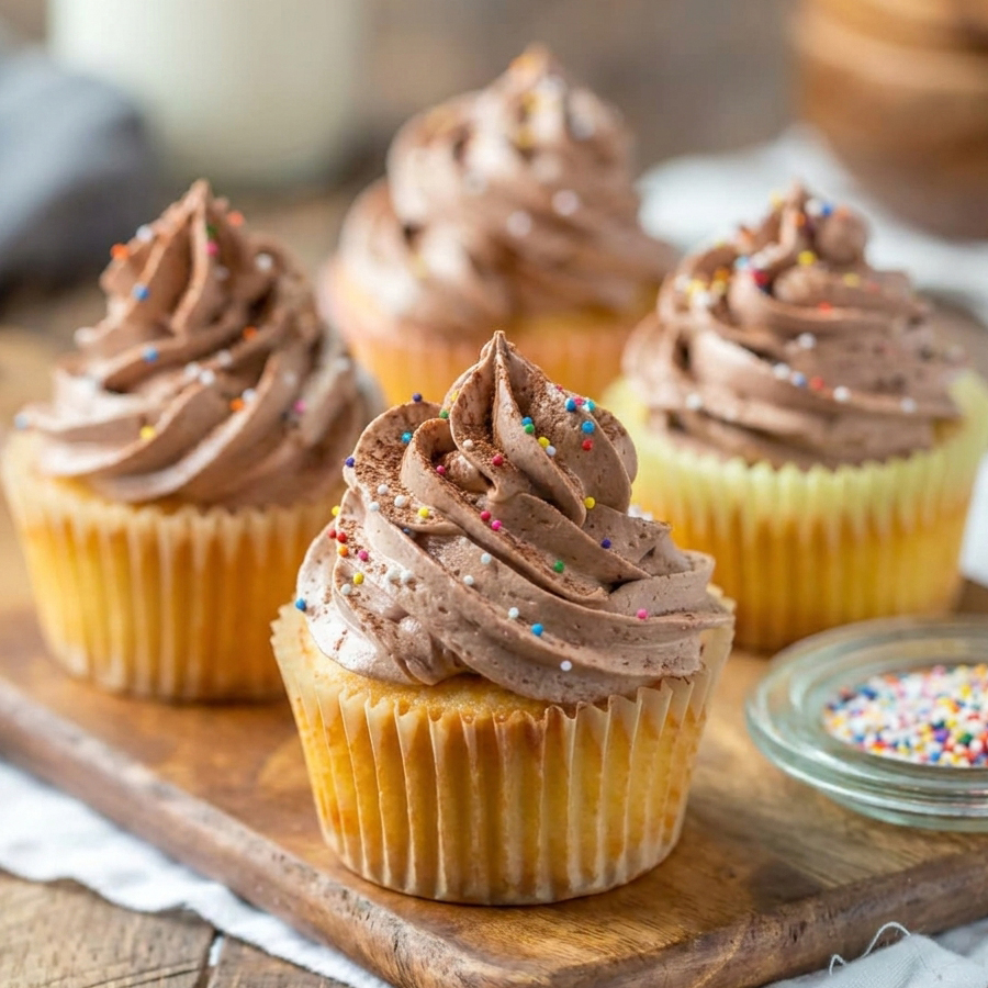 A close-up photo of several cupcakes topped with perfectly piped chocolate whipped buttercream frosting and colorful rainbow sprinkles on a wooden board.