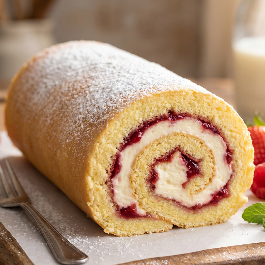 Cross-section of a soft vanilla Swiss roll cake showing the delicate yellow sponge, white cream, and a thin red jam spiral filling.