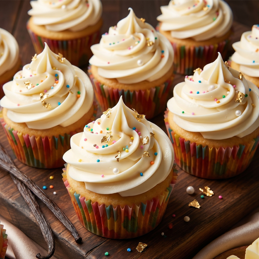 Frosted Cupcakes A close-up photo of several cupcakes topped with tall, swirled white Russian buttercream frosting and colorful sprinkles, arranged on a dark surface.