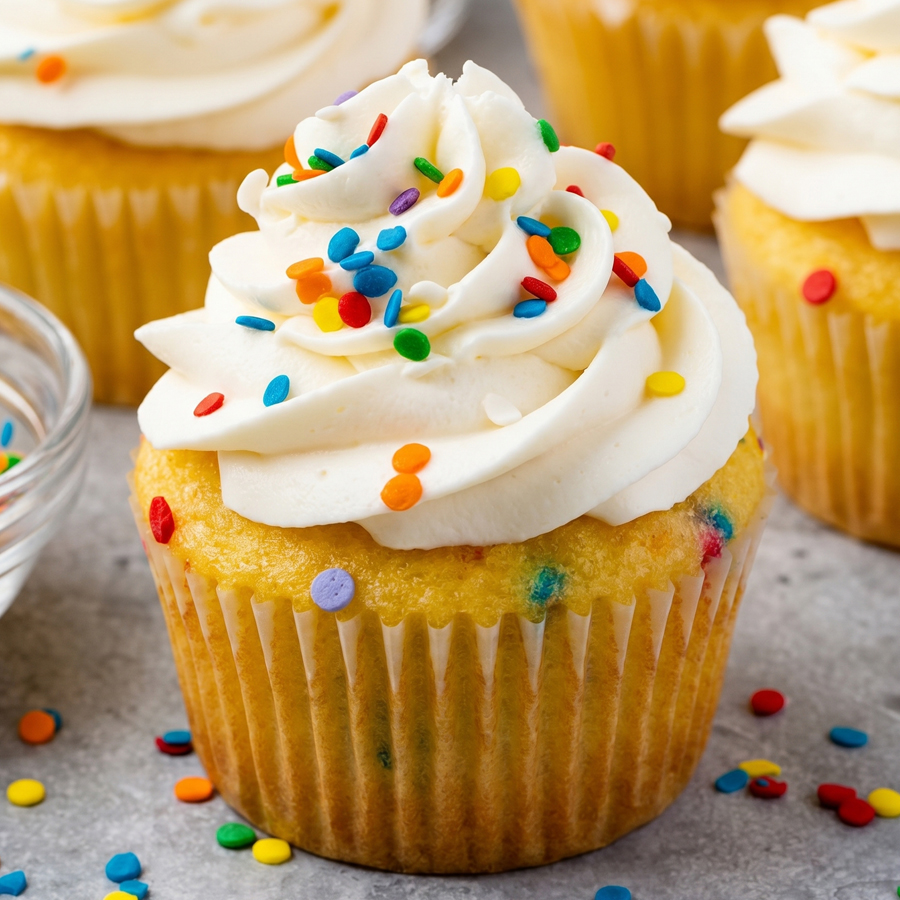 Close-up of yellow cupcakes topped with tall swirls of fluffy white whipped cream frosting and colorful sprinkles.