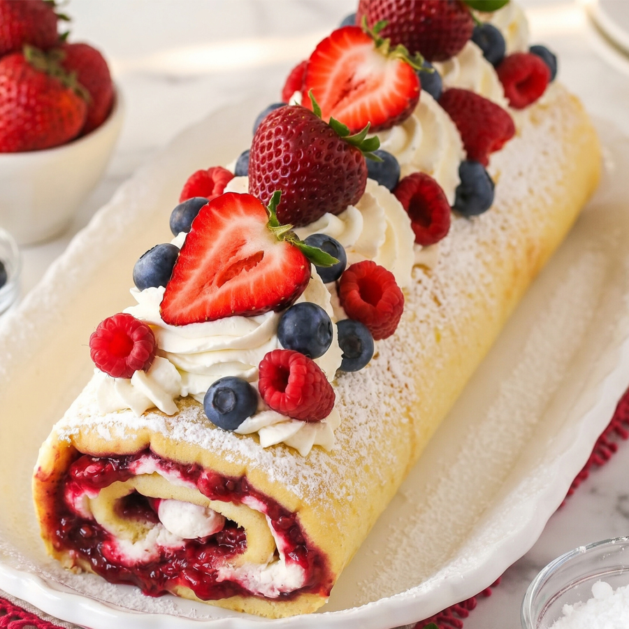 A stunning whole berry vanilla cake roll topped with piped whipped cream, strawberries, raspberries, and blueberries on a serving platter.