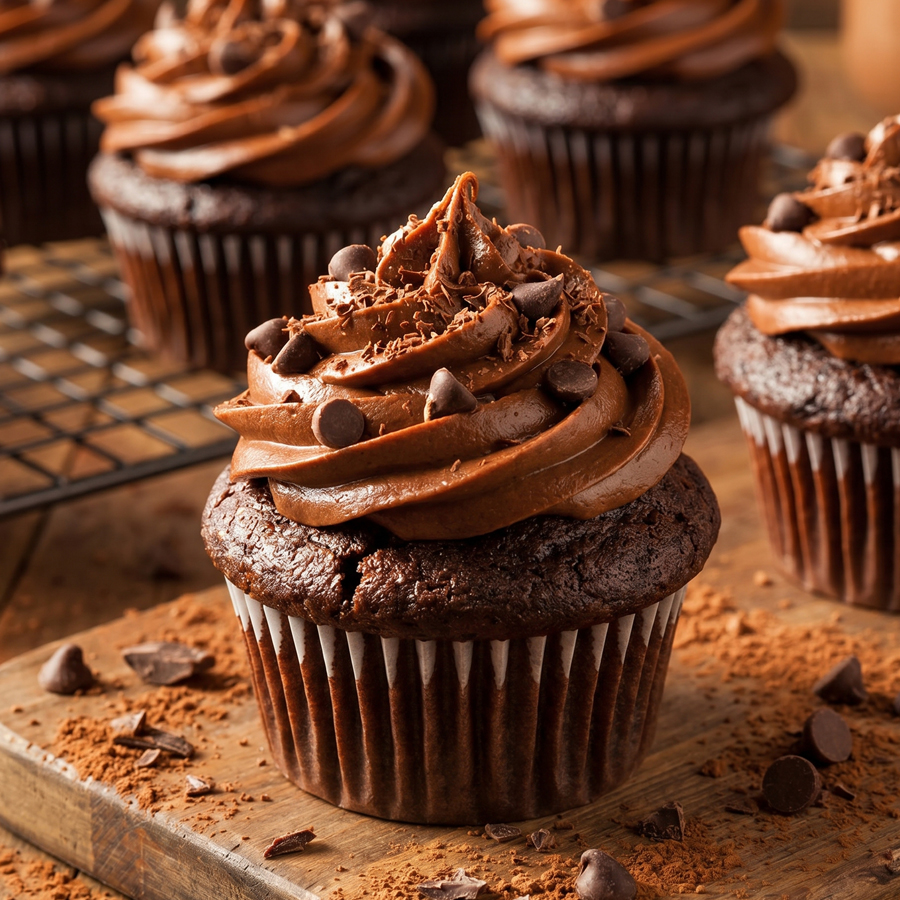 Decorated Chocolate Cupcakes Close-up of chocolate cupcakes topped with thick chocolate frosting and colorful chocolate sprinkles, resting on a dark surface.