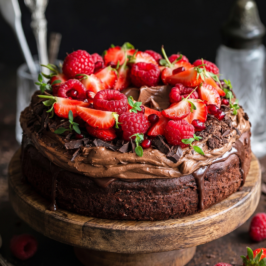 A rich chocolate fudge cake topped with beautiful sliced strawberries and raspberries, shown on a dark rustic surface.