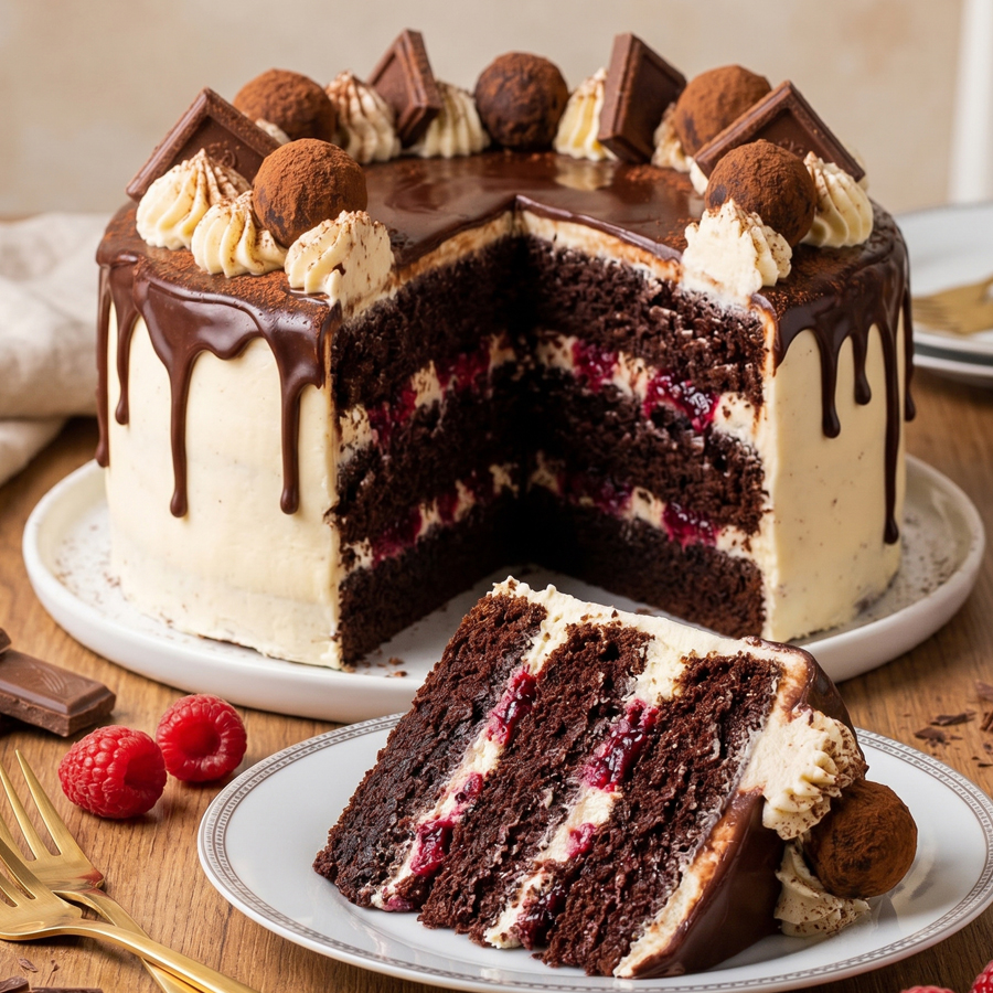 A beautiful chocolate layer cake covered in whipped cream, decorated with chocolate ganache drips and chocolate garnishes, with a slice served on a plate.