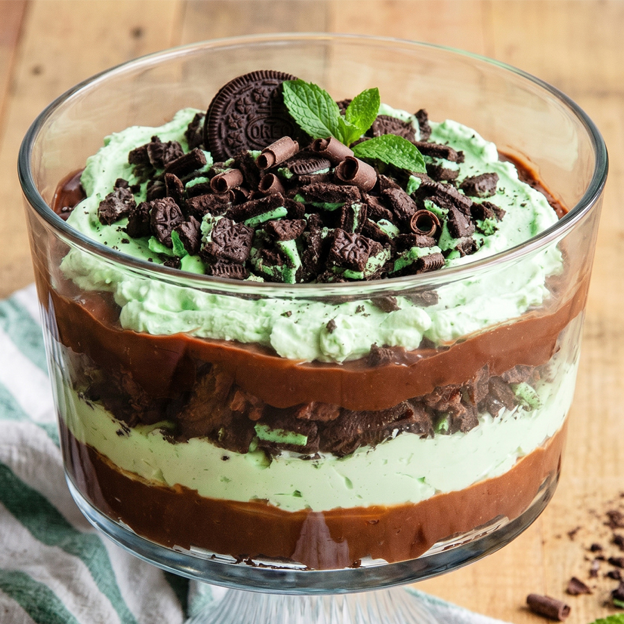 Decorated Mint Trifle A glass dessert dish filled with layered chocolate mint trifle, with visible chocolate and pale green cream layers topped with chocolate pieces.