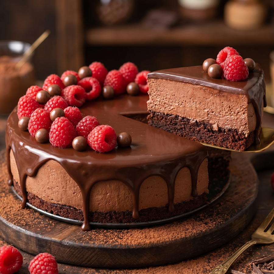 A round chocolate mousse cake with a glossy chocolate ganache topping, beautifully garnished with fresh raspberries and blackberries.