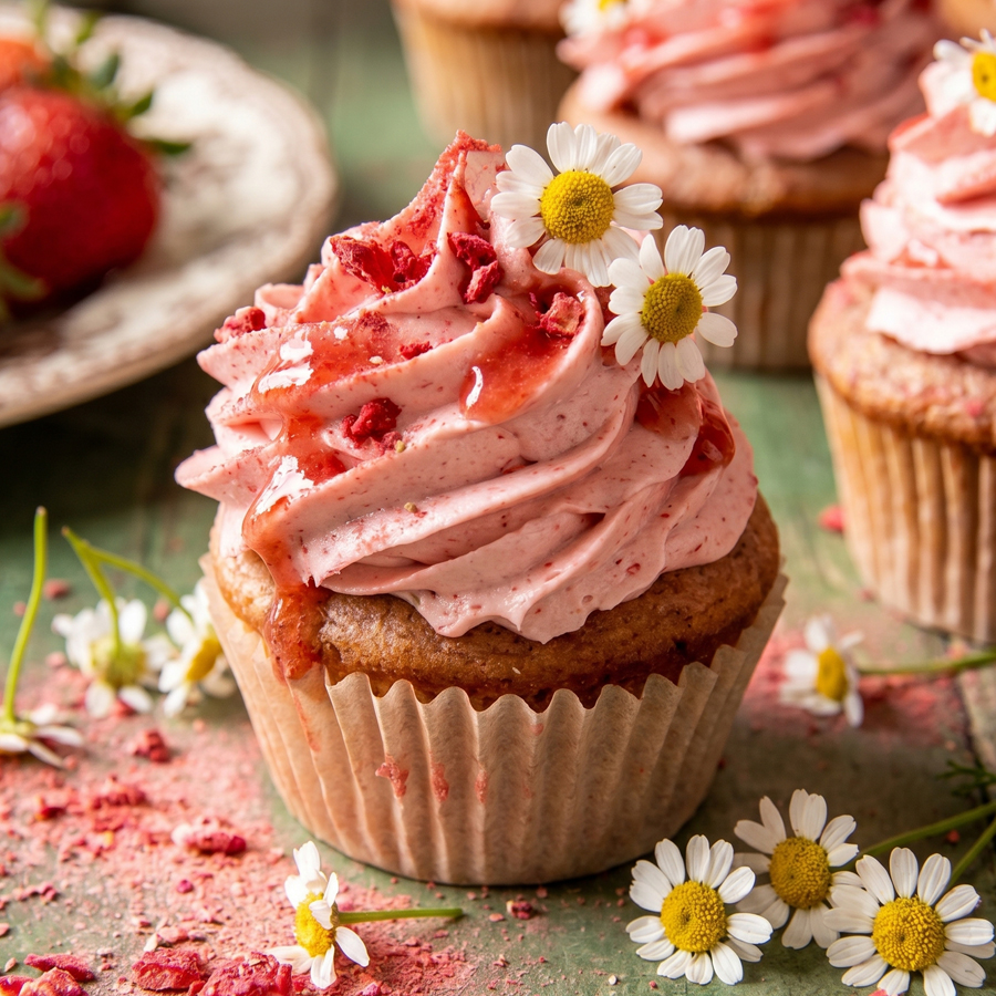 Close-up of beautifully decorated pink strawberry cupcakes topped with strawberry frosting, fresh strawberry slices, and small white daisy flowers on a green surface.