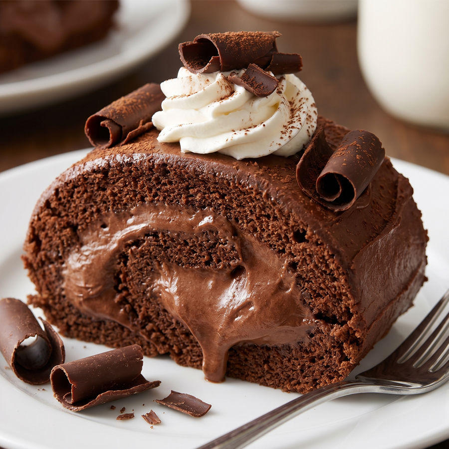 A slice of French silk cake roll with dark chocolate filling, fresh whipped cream, and chocolate shavings on a white plate.